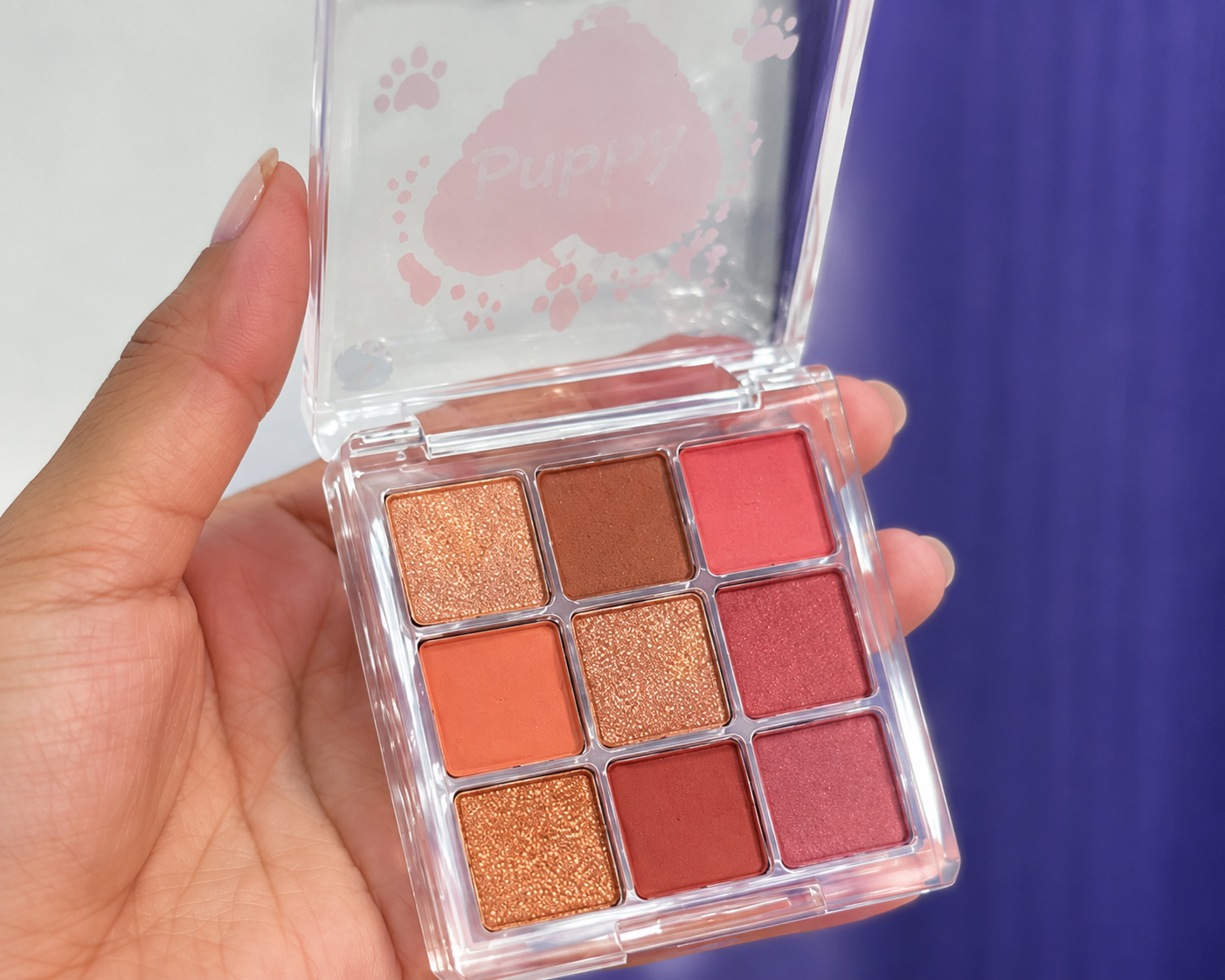 Paleta Puppy de 9 tonos sostenida en la mano