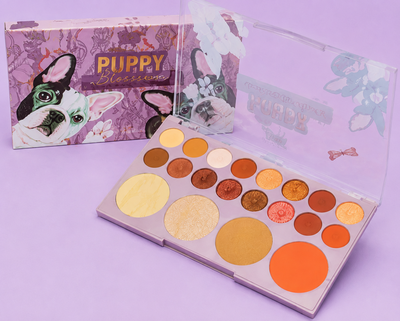Paleta Puppy Blossoms con su caja ilustrada